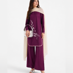 Elegant Plum Embroidered 3 Piece Suit for Women